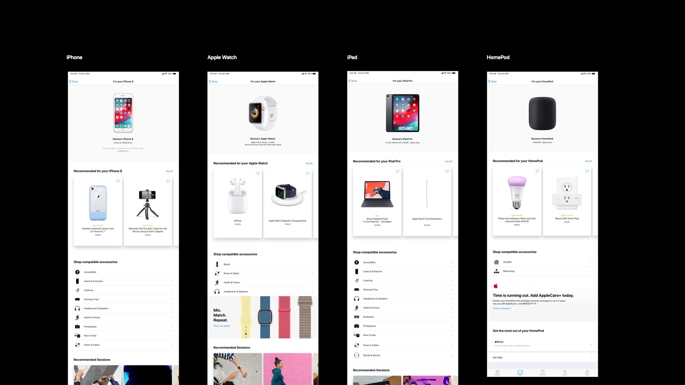 Final design close-up — iPhone, Apple Watch, iPad, HomePod